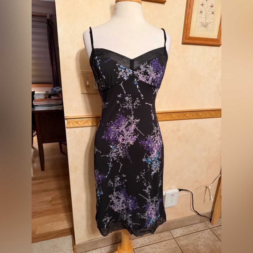 BCBG Black Slip Dress with Purple and Pink Floral Print